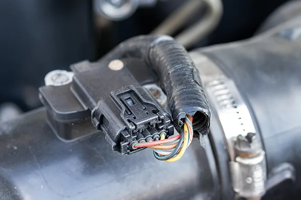 Mass airflow sensor with multicolored wiring on vehicle's air intake