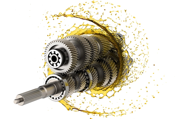 Isolated cutout of gears covered in transmission fluid