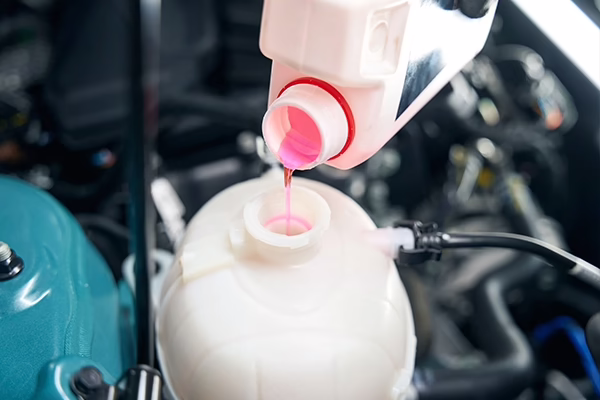 Coolant reservoir being refilled with pink coolant fluid