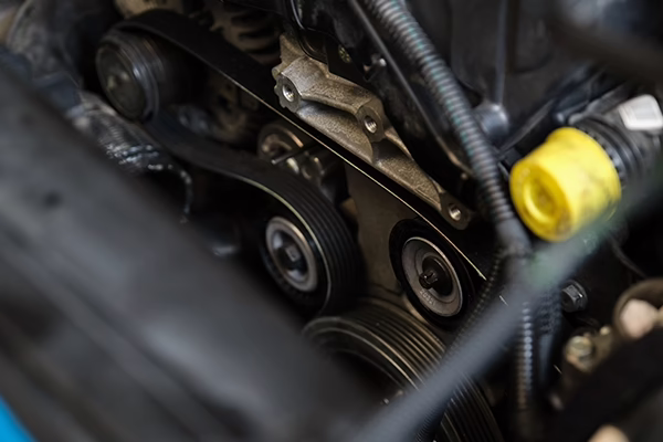 Close-up of serpentine belt in car engine bay